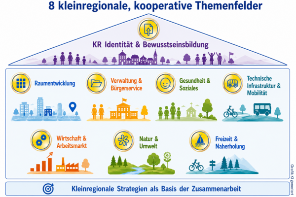 Kleinregionale Themenfelder Unter dem Dach kleinregionaler Identität und Bewustseinsbildung sind die Themen Raumentwicklung, Verwaltung und Bürgerservice, Gesundheit und Soziales, Technische Infrastruktur und Mobilität, Wirtschaft und Arbeitsmarkt, Natur und Umwelt sowie Freizeit und Naherholung Themen für strategische Zusammenarbeit in der Kleinregion.